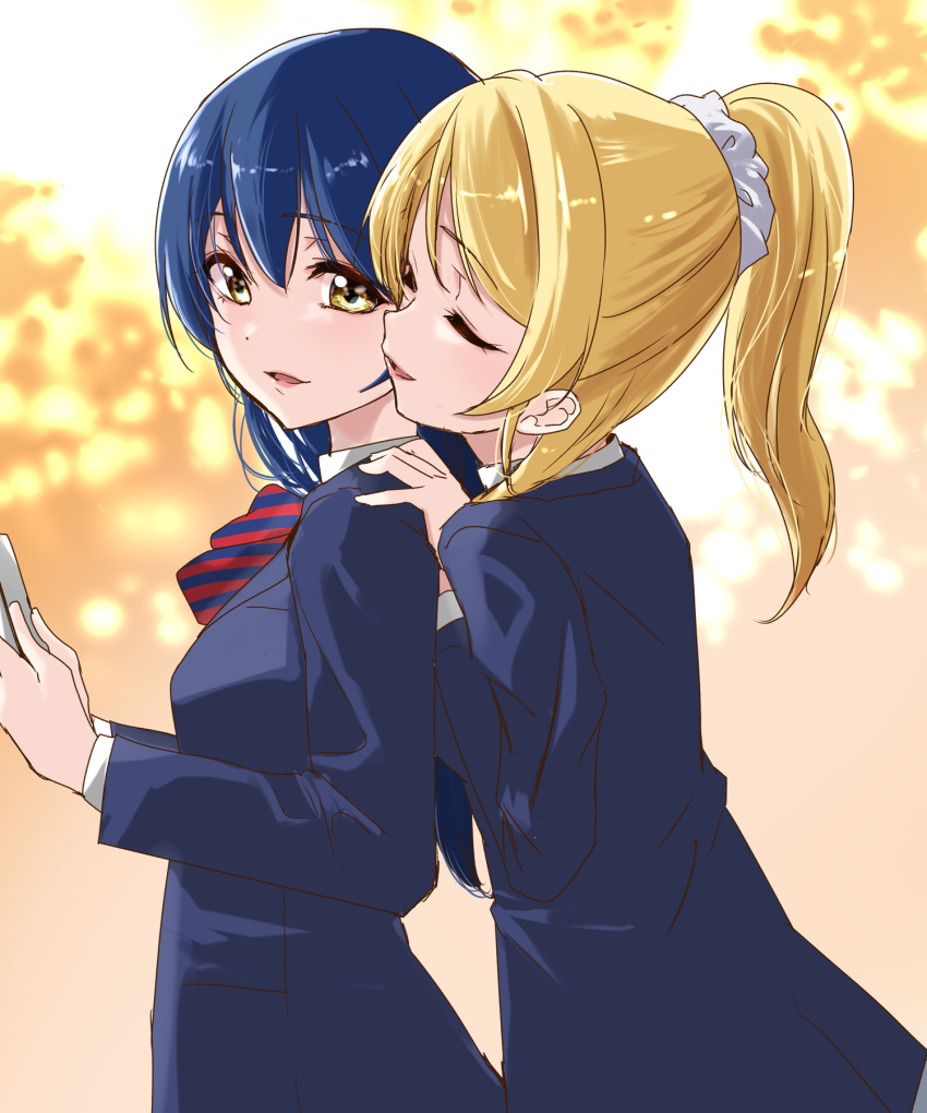 2girls ayase_eli bangs behind_another blonde_hair blue_hair blue_jacket book bow bowtie cheek-to-cheek closed_eyes commentary_request from_side gradient gradient_background hair_between_eyes hair_ornament hair_scrunchie hand_on_another's_shoulder hand_up hands_up heads_together highres holding holding_book jacket long_sleeves looking_away looking_to_the_side love_live! love_live!_school_idol_project multiple_girls open_book orange_background otonokizaka_school_uniform parted_lips ponytail red_bow red_bowtie school_uniform scrunchie sonoda_umi standing striped striped_bow striped_bowtie upper_body urutsu_sahari white_background white_scrunchie yellow_eyes yuri