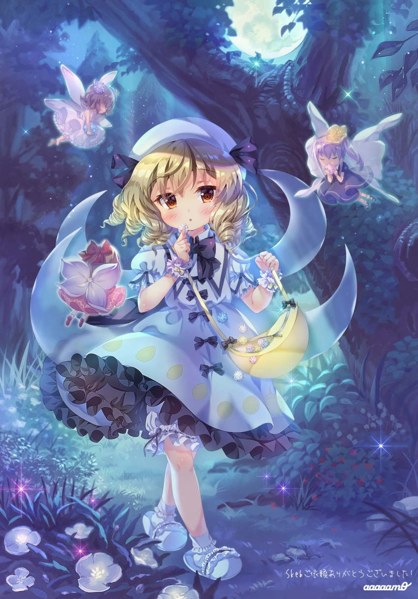 4girls amo_(shibu3) bag black_bow black_bowtie blonde_hair bow bowtie brown_hair closed_eyes commission dress drill_locks fairy fairy_wings flower frilled_dress frills full_body highres looking_at_viewer luna_child multiple_girls open_mouth outdoors purple_hair red_eyes short_hair signature skeb_commission standing touhou tree white_dress white_flower white_footwear white_headwear wings