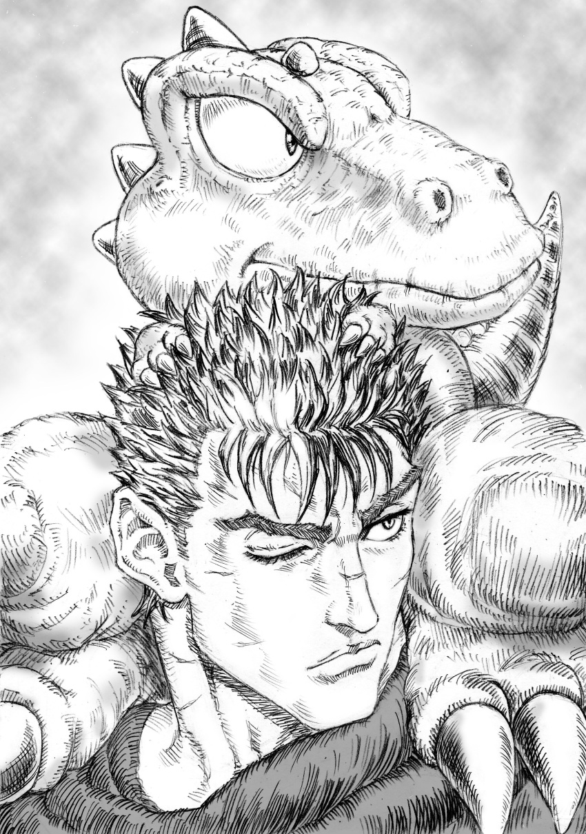 2boys absurdres berserk black_hair claws crossover dinosaur dinosaur_tail gon_(gon) gon_(manga) highres looking_to_the_side mad_sharpen male_focus multicolored_hair multiple_boys one_eye_closed scar scar_on_face scar_on_nose short_hair spiky_hair standing standing_on_shoulder streaked_hair tail
