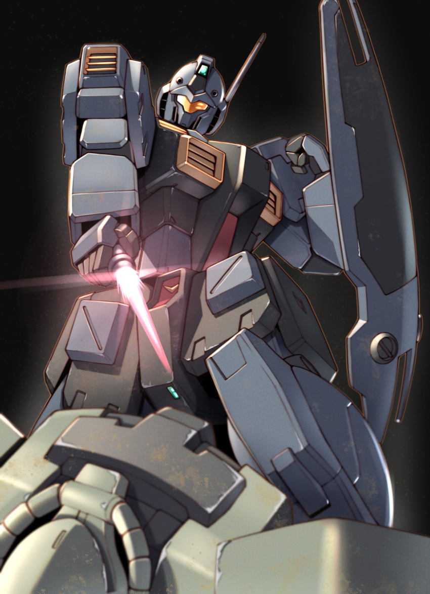 absurdres assault_visor beam_saber black_background clenched_hand gm_quel gundam gundam_0083 highres holding holding_sword holding_weapon mecha mobile_suit no_humans radio_antenna robot science_fiction shield solo_focus sword takahashi_masaki weapon zaku_ii_f2