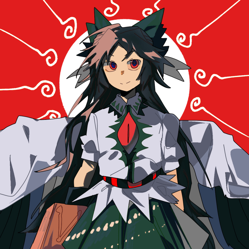 1girl bangs black_hair closed_mouth collared_shirt cowboy_shot green_skirt hailing29396 highres long_hair multicolored_background parted_bangs pleated_skirt red_eyes reiuji_utsuho shirt short_sleeves skirt smile solo touhou white_shirt