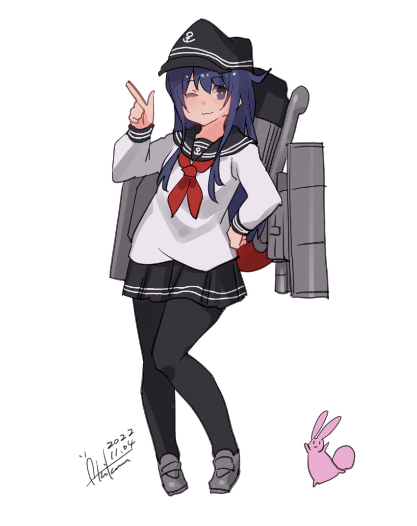 1girl ;) absurdres akatsuki_(kancolle) anchor_symbol animal bangs black_headwear black_pantyhose black_sailor_collar black_skirt blue_hair closed_mouth commentary_request dated flat_cap full_body grey_footwear hair_between_eyes hand_on_hip hand_up hat highres index_finger_raised inica kantai_collection loafers long_hair looking_at_viewer machinery neckerchief one_eye_closed pantyhose pleated_skirt rabbit red_neckerchief sailor_collar school_uniform serafuku shoes signature simple_background skirt smile solo very_long_hair violet_eyes white_background