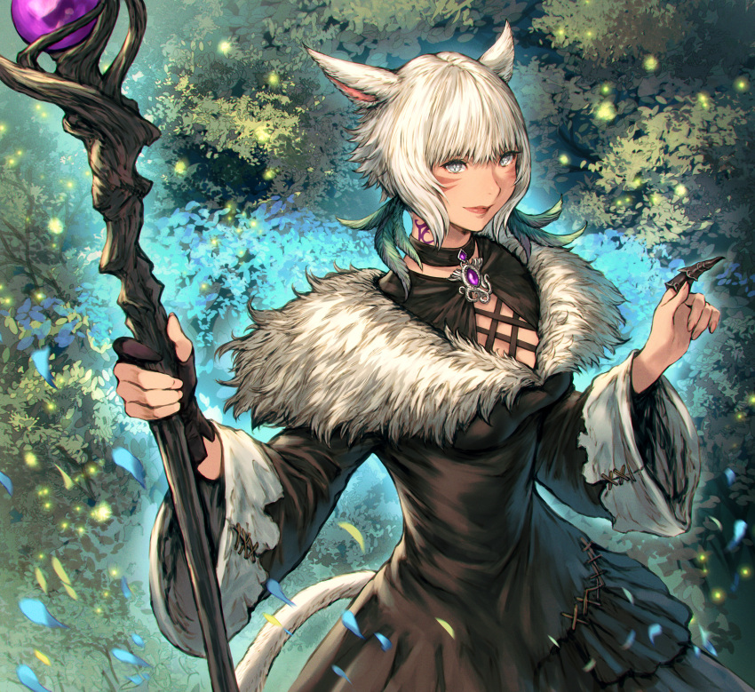 1girl animal_ears bangs black_choker black_dress black_gloves brooch cat_ears cat_girl cat_tail choker claw_ring cleavage_cutout clothing_cutout diamond-shaped_pupils diamond_(shape) dress falling_petals feather_hair_ornament feathers final_fantasy final_fantasy_xiv from_side fur-trimmed_dress fur_trim gem gloves grey_eyes grey_hair hair_ornament hatching_(texture) highres holding holding_staff index_finger_raised jewelry leaf looking_at_viewer makimura_shunsuke miqo'te motion_blur neck_tattoo outdoors partially_fingerless_gloves petals purple_gemstone short_hair single_glove smile solo staff standing symbol-shaped_pupils tail tattoo upper_body wide_sleeves y'shtola_rhul