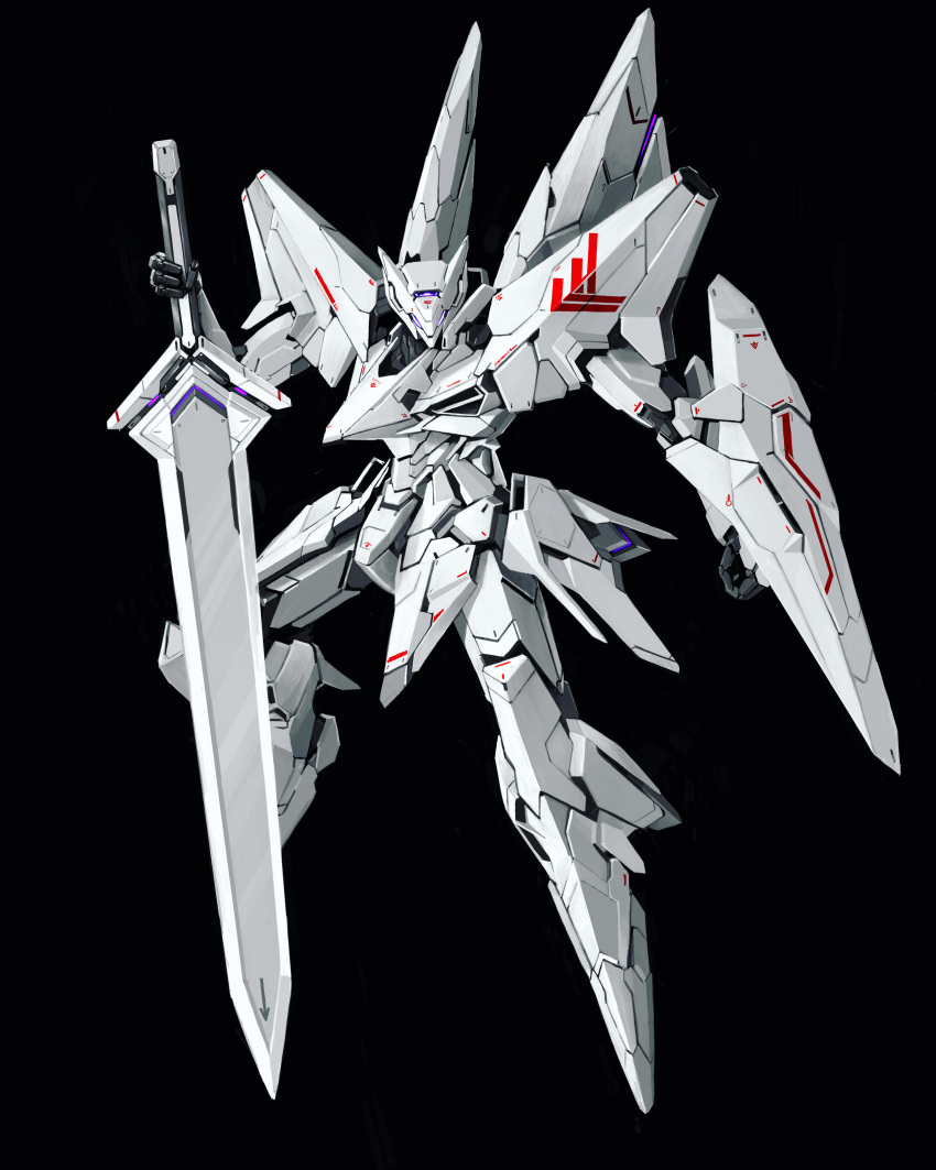 absurdres black_background clenched_hand full_body highres holding holding_sword holding_weapon looking_at_viewer mecha ningen137 original robot science_fiction shield solo sword violet_eyes weapon