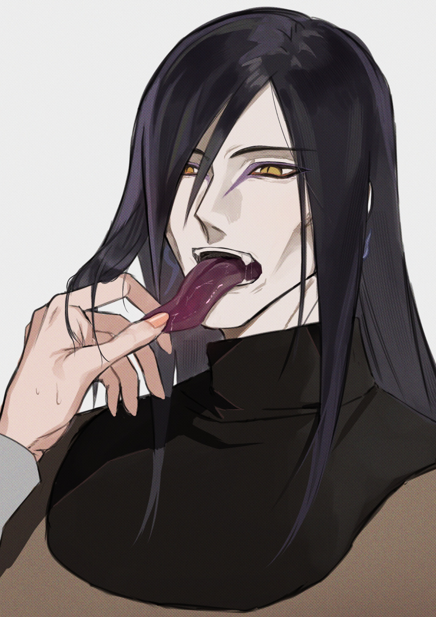 1boy absurdres ayuaho black_hair eyeliner facial_mark fangs hair_over_one_eye highres long_hair long_tongue makeup male_focus naruto_(series) orochimaru_(naruto) pale_skin saliva slit_pupils snake_boy solo_focus tongue tongue_grab tongue_out upper_body yellow_eyes