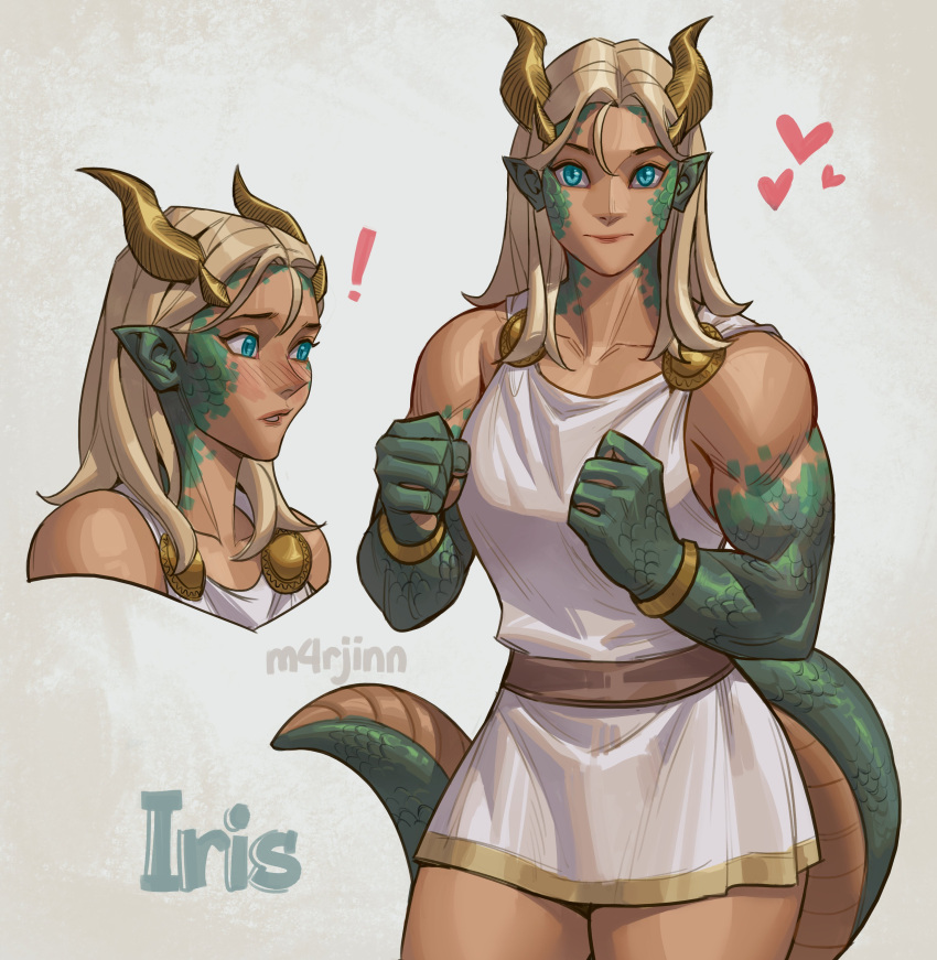 ! 1girl absurdres belt blonde_hair blue_eyes blush bracelet breasts character_name chiton clenched_hands collarbone colored_skin dragon_girl dragon_horns dragon_tail expressions greek_clothes green_skin highres horns jewelry m4rjinn medium_breasts medium_hair multicolored_skin muscular muscular_female nose_blush original pointy_ears scales slit_pupils solo standing tail thick_thighs thighs