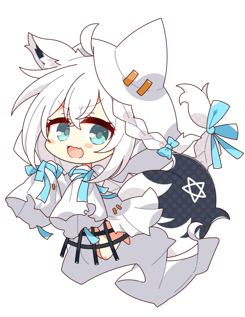 1girl 7:08 absurdres ahoge animal_ears aqua_eyes bangs braid chibi ear_covers fang fox_ears fox_girl fox_tail ghost_costume hair_between_eyes halloween halloween_costume highres hololive long_hair looking_at_viewer open_mouth pentagram shirakami_fubuki side_braid single_braid single_ear_cover skin_fang sleeves_past_wrists smile solo tail virtual_youtuber white_hair