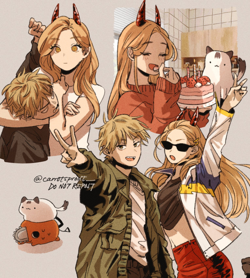 1boy 1girl black_shirt blank_stare blonde_hair cake candle carrotsprout cat chainsaw_man closed_eyes crop_top denji_(chainsaw_man) food fruit green_jacket highres holding holding_spoon horns jacket jersey kitchen long_hair looking_at_viewer looking_to_the_side meowy_(chainsaw_man) midriff open_mouth pochita_(chainsaw_man) power_(chainsaw_man) red_horns sharp_teeth shirt short_hair sleeves_past_wrists spoon strangling strawberry strawberry_shortcake sunglasses sweater teeth trench_coat twitter_username v white_cat white_shirt yellow_eyes