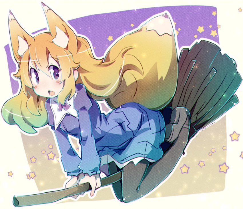 1girl animal_ear_fluff animal_ears bangs black_footwear black_pantyhose blonde_hair blue_dress breasts broom broom_riding chestnut_mouth commentary dress fox_ears fox_girl fox_tail hair_between_eyes highres juliet_sleeves loafers long_hair long_sleeves looking_at_viewer open_mouth original pantyhose puffy_sleeves shoe_soles shoes small_breasts solo starry_background symbol-only_commentary tail very_long_hair violet_eyes yoshi_(crossmind)