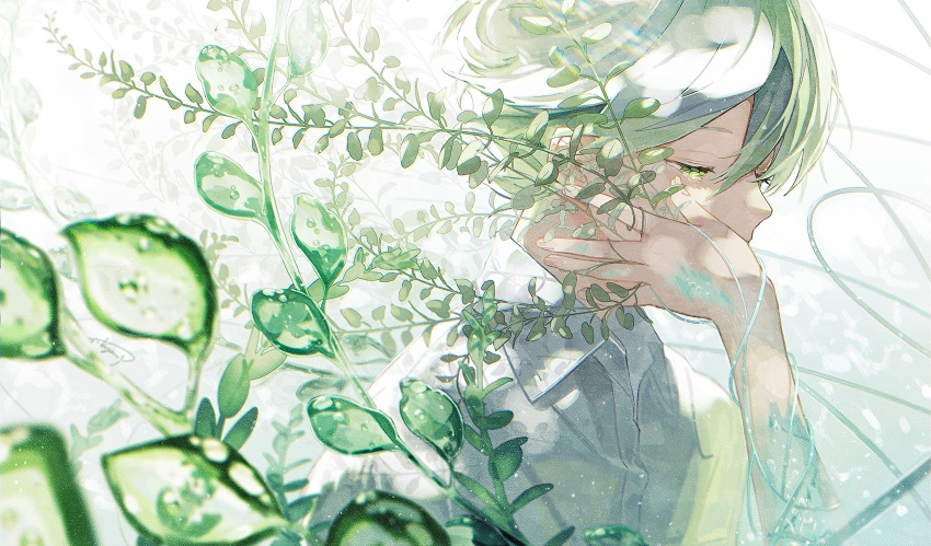 1boy aky_ami closed_eyes collared_shirt crying green_hair hand_on_another's_cheek hand_on_another's_face highres leaf male_focus original plant shirt short_hair tears white_shirt wiping_tears
