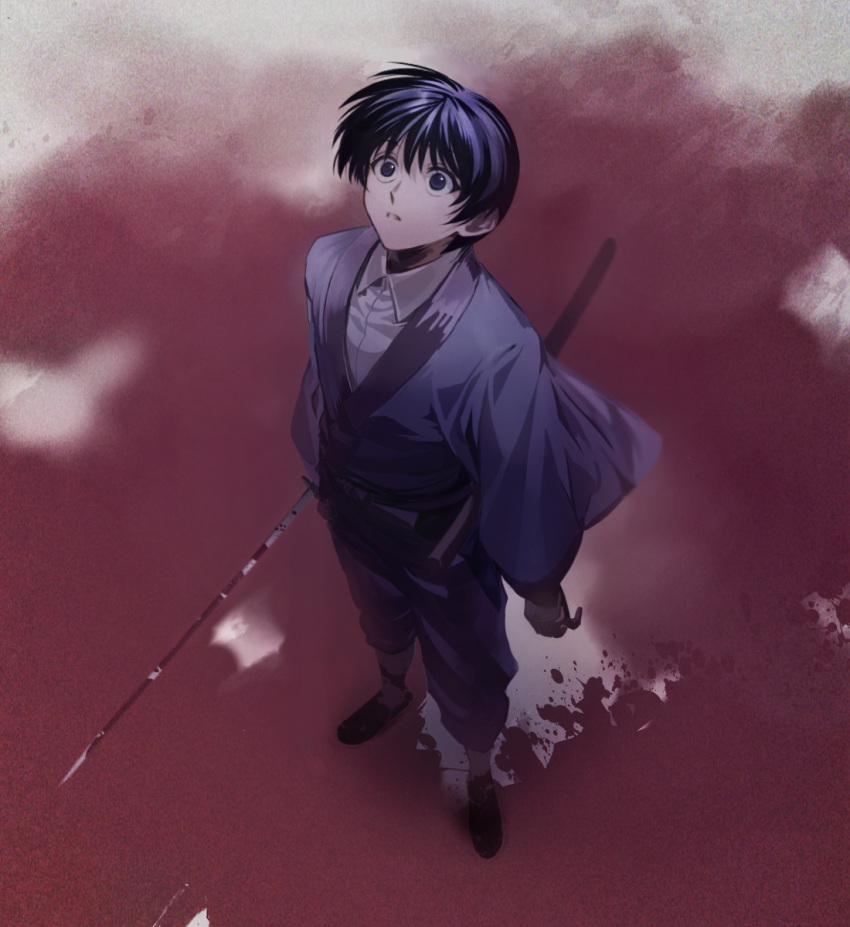 1boy bangs blood blood_on_weapon collared_shirt dress_shirt from_above full_body hair_between_eyes highres holding holding_sword holding_weapon japanese_clothes kimono long_sleeves looking_up male_focus okurase pants purple_hair purple_kimono purple_pants rurouni_kenshin seta_soujirou sheath shirt short_hair solo standing sword unsheathed violet_eyes weapon white_shirt wide_sleeves wing_collar