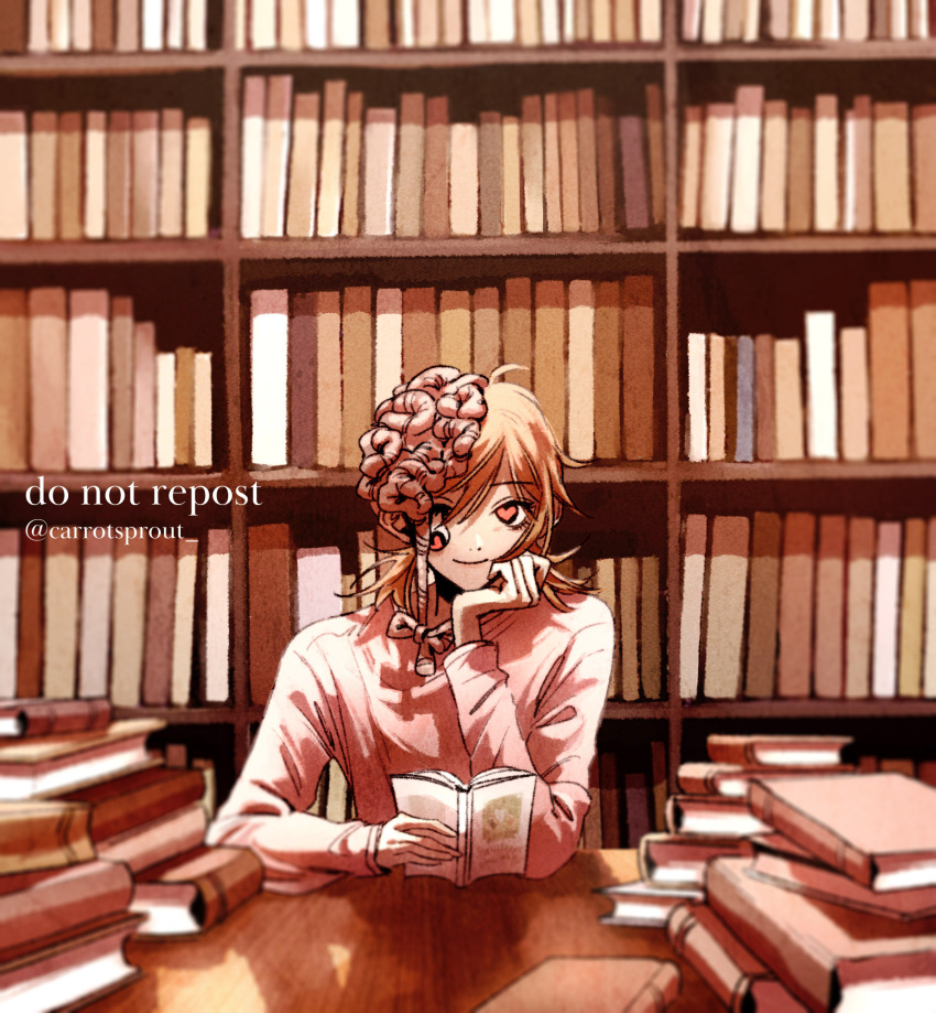 1girl blonde_hair book carrotsprout chainsaw_man cosmo_(chainsaw_man) dangling_eye exposed_brain hair_ribbon head_rest heart heart-shaped_pupils highres library looking_at_viewer open_book pink_shirt ribbon shelf shirt short_twintails smile solo symbol-shaped_pupils table twintails twitter_username