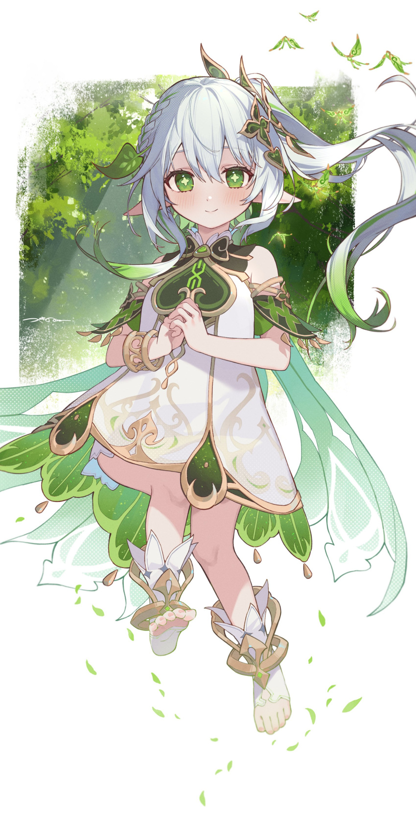 1girl absurdres bangs blush commentary_request cross-shaped_pupils crystalfly_(genshin_impact) detached_sleeves dress full_body genshin_impact green_eyes green_hair green_sleeves hair_between_eyes hair_ornament highres long_hair looking_at_viewer multicolored_hair nahida_(genshin_impact) pointy_ears ponytail side_ponytail smile solo toeless_footwear tsukino_(nakajimaseiki) very_long_hair white_dress white_footwear white_hair