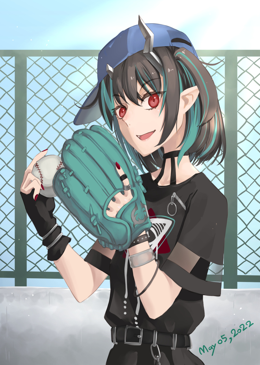 1girl 774_inc. absurdres bangs baseball baseball_cap baseball_mitt belt black_belt black_dress black_hair blue_hair blue_headwear blue_sky blush bracelet chain-link_fence clouds commentary_request dated day demon_girl demon_horns dress engacyo_(engacyo39800yen) eye_of_providence fang fence flat_chest hair_between_eyes hat highres horns jewelry looking_at_viewer multicolored_hair official_alternate_costume open_mouth outdoors pointy_ears red_eyes red_nails shishio_chris short_hair short_sleeves sideways_hat sky smile solo spiked_bracelet spikes sugar_lyric two-tone_hair upper_body virtual_youtuber