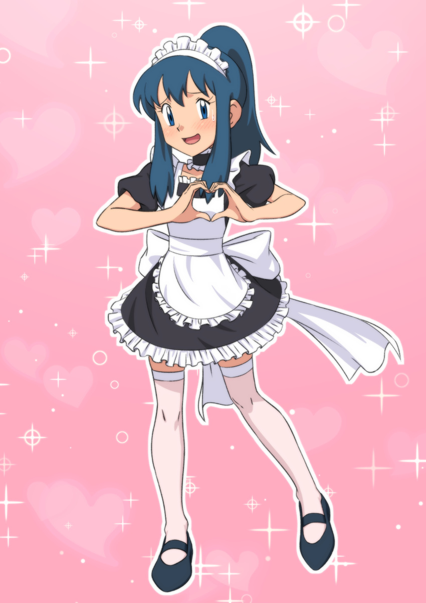 1girl absurdres apron bangs black_dress black_footwear blue_eyes blush commentary_request dress eyelashes frills full_body hands_up heart heart_hands highres hikari_(pokemon) knees looking_at_viewer maid maid_headdress miraa_(chikurin) neck_garter open_mouth outline pink_background pokemon pokemon_(anime) pokemon_dppt_(anime) ponytail raised_eyebrows shoes short_sleeves sidelocks smile solo sparkle sweatdrop thigh-highs tongue white_apron