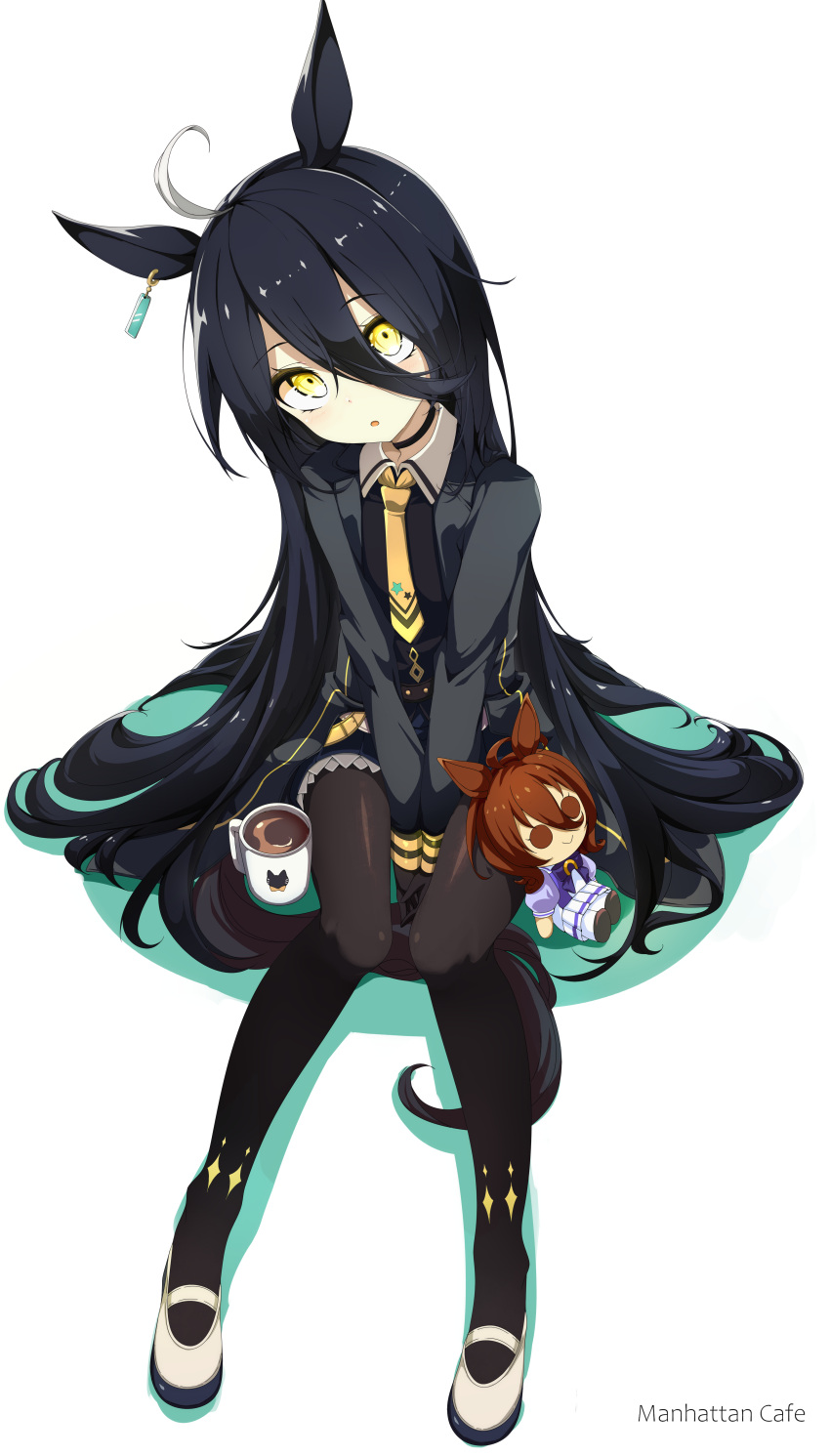 1girl :o absurdres agnes_tachyon_(umamusume) ahoge animal_ears bangs black_choker black_hair black_jacket black_pantyhose black_shirt character_name choker coffee_mug collared_shirt commentary cup earrings english_commentary frilled_skirt frills full_body hair_between_eyes hands_on_ground head_tilt highres horse_ears horse_girl jacket jewelry knees_together_feet_apart long_bangs long_hair long_sleeves looking_at_viewer manhattan_cafe_(umamusume) mug multicolored_hair necktie open_mouth pantyhose shirt simple_background single_earring sitting skirt solo stuffed_toy umamusume white_background white_footwear ycyc yellow_eyes yellow_necktie