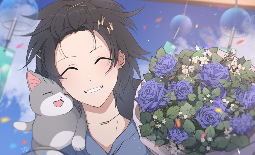 1boy ^_^ animal_on_shoulder bangs_pinned_back black_hair blue_flower blue_hoodie blue_rose blurry blurry_background bouquet cat choker closed_eyes clouds commentary confetti dated_commentary day ear_piercing earrings facing_viewer flower grey_cat grin hair_ornament hairclip happy highres holostars hood hood_down hoodie jewelry kanade_izuru lightning_bolt_hair_ornament lightning_bolt_symbol male_focus nekoromancer official_alternate_costume piercing portrait rose short_hair smile solo virtual_youtuber white_flower wind_chime