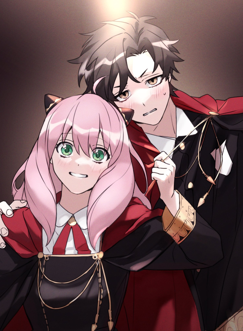 1boy 1girl aged_up anya_(spy_x_family) bangs black_cape black_hair blush cape clear_pond damian_desmond eden_academy_uniform green_eyes hairpods hand_on_another's_shoulder height_difference highres long_hair long_sleeves parted_bangs parted_lips pink_hair short_hair spy_x_family sweatdrop yellow_eyes