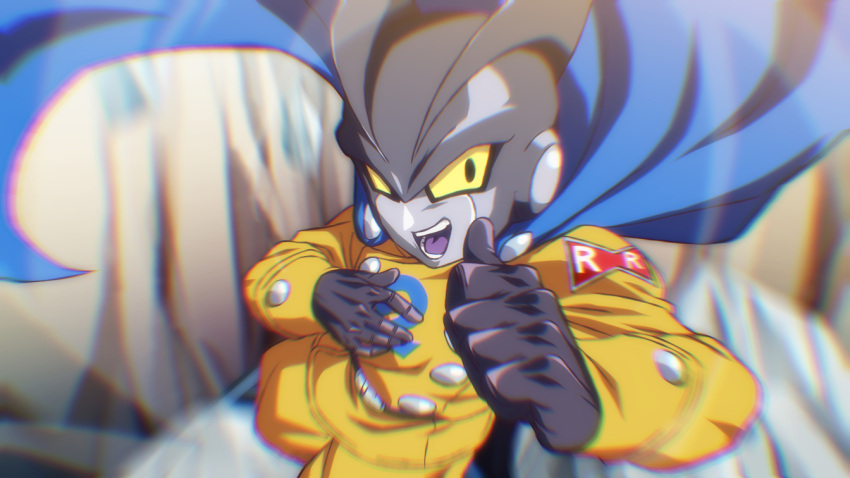 1boy android blue_cape cape chromatic_aberration colored_sclera dragon_ball dragon_ball_super dragon_ball_super_super_hero gamma_2 male_focus motion_blur open_mouth pointing pointing_at_self red_ribbon_army rom_(20) smile solo upper_body yellow_sclera
