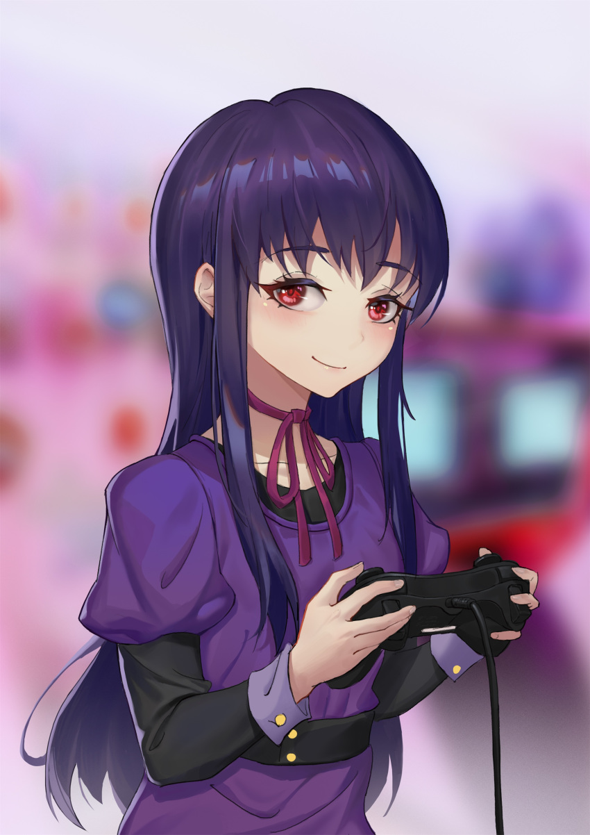 1girl absurdres blurry blurry_background blush dress high_score_girl highres kevo long_hair long_sleeves neck_ribbon oono_akira playstation_controller purple_dress purple_hair red_eyes red_ribbon ribbon smile solo upper_body