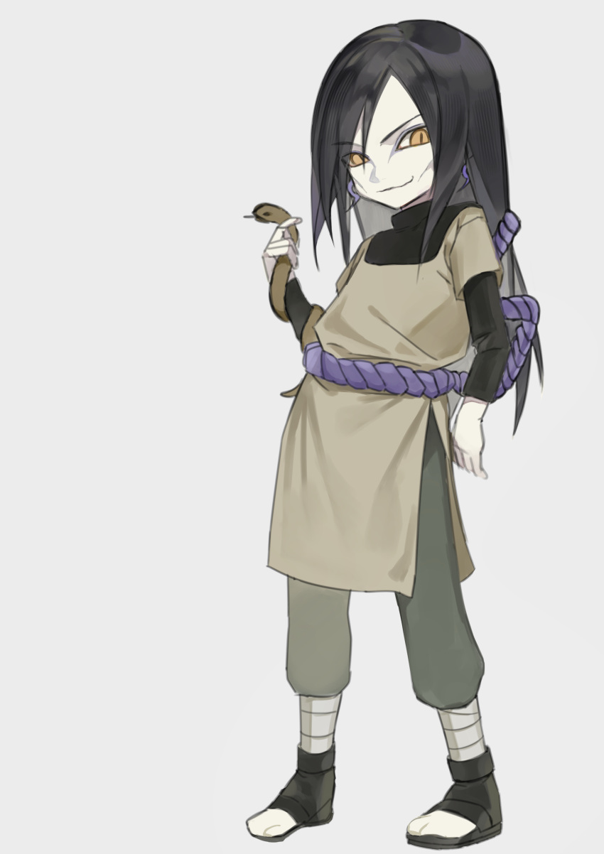 1boy absurdres ayuaho bandaged_leg bandages black_hair deformed earrings evil_smile eyeliner facial_mark hair_over_one_eye highres jewelry long_hair makeup male_focus naruto_(series) orochimaru_(naruto) pale_skin pelvic_curtain slit_pupils smile snake solo standing yellow_eyes