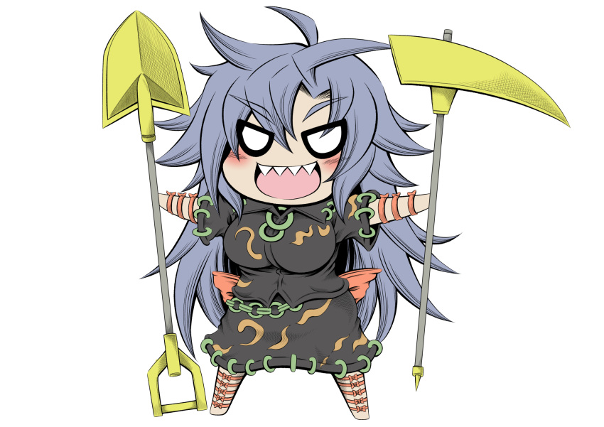 0_0 1girl ahoge blue_hair breasts chibi commentary_request hidefu_kitayan highres himemushi_momoyo long_hair open_mouth ribbon sharp_teeth shovel solo teeth touhou white_background