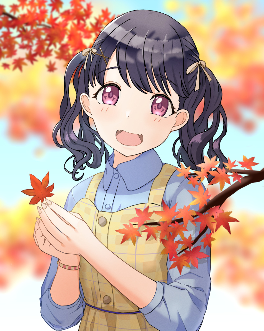 artist_request autumn_leaves black_hair blue_shirt blurry blurry_background commentary_request dress fangs fukumaru_koito hair_ribbon highres idolmaster idolmaster_shiny_colors leaf looking_at_viewer maple_leaf open_mouth plaid plaid_dress ribbon shirt skin_fangs twintails upper_body violet_eyes yellow_dress