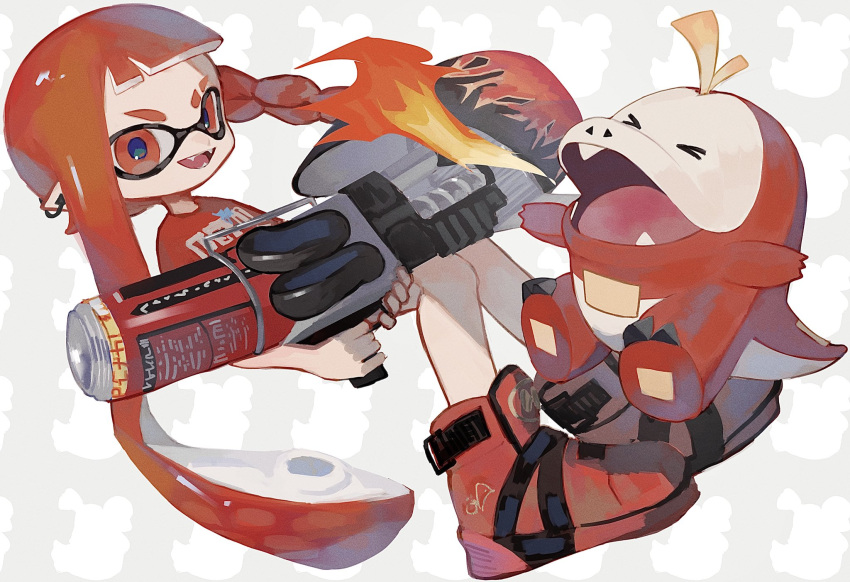 &gt;_&lt; 1girl bangs blaster_(splatoon) braid commentary crossover fangs fire fuecoco gun highres holding holding_gun holding_weapon inkling inkling_girl long_hair looking_at_viewer open_mouth pointy_ears pokemon pokemon_(creature) red_eyes red_footwear red_shirt redhead shirt sho_gametoka shoes side_braid simple_background splatoon_(series) splatoon_3 symbol-only_commentary tentacle_hair weapon