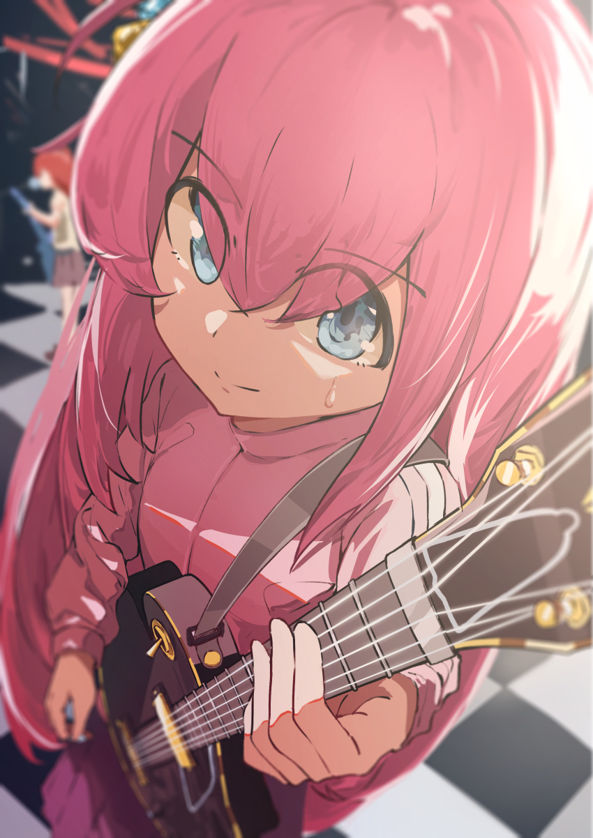 2girls absurdres blue_eyes blurry blurry_background bocchi_the_rock! checkered_floor closed_mouth depth_of_field electric_guitar from_above gotou_hitori guitar highres instrument jacket long_hair long_sleeves looking_at_viewer looking_up multiple_girls music pink_hair pink_jacket playing_instrument smile stage sweat t.k.c track_jacket very_long_hair