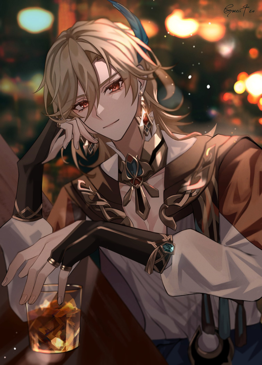 1boy alcohol artist_name bangs black_gloves blonde_hair blurry blurry_background bokeh cape closed_mouth collarbone commentary_request cup depth_of_field drink earrings eyelashes feather_hair_ornament feathers fingerless_gloves gem genshin_impact gloves greentea7954 hair_between_eyes hair_ornament hand_up head_rest highres holding holding_cup ice ice_cube jewelry kaveh_(genshin_impact) long_sleeves looking_at_viewer male_focus mandarin_collar medium_hair necklace puffy_long_sleeves puffy_sleeves red_cape red_eyes shirt shoulder_cape sidelocks signature sitting smile solo tassel upper_body white_shirt