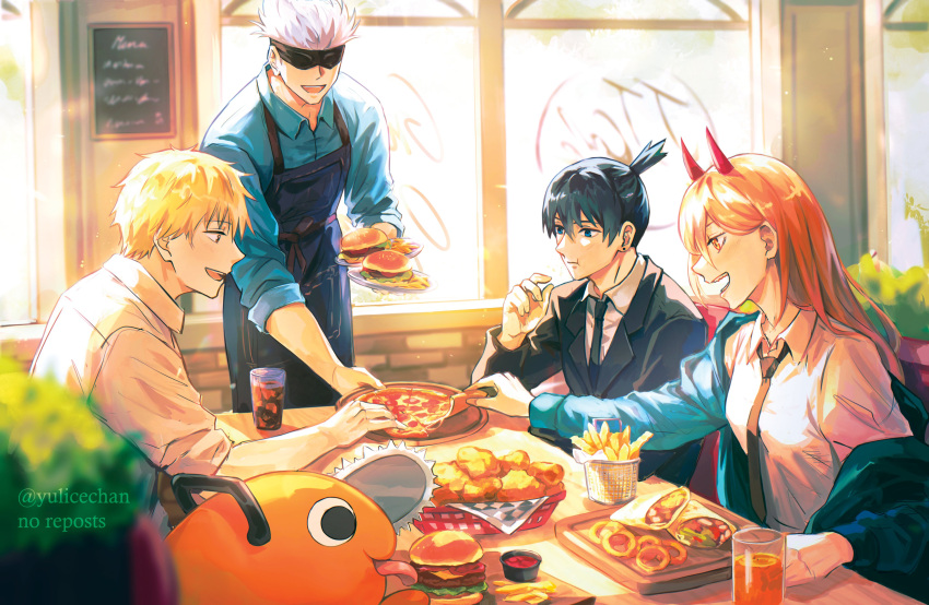 1girl 3boys absurdres apron black_hair black_jacket black_necktie blonde_hair blue_eyes blue_jacket blue_shirt breasts burger bush chainsaw_man chewing chicken_(food) collared_shirt denji_(chainsaw_man) earrings food formal french_fries gojou_satoru happy hayakawa_aki highres holding holding_food holding_pizza holding_plate horns jacket jacket_partially_removed jewelry jujutsu_kaisen ketchup long_hair makima_(chainsaw_man) medium_hair menu multiple_boys necktie onion_rings open_mouth orange_hair pizza plate pochita_(chainsaw_man) power_(chainsaw_man) red_horns restaurant serving sharp_teeth shawarma shirt short_hair sleeves_rolled_up small_breasts spiky_hair stud_earrings suit table teeth tongue tongue_out topknot white_hair white_shirt window yellow_eyes yulicechan