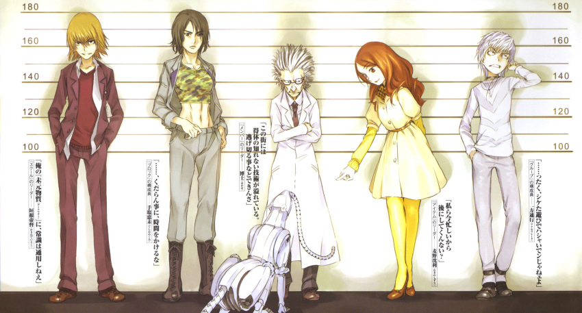 2girls 3boys abs accelerator_(toaru_majutsu_no_index) albino black_choker black_eyes black_footwear black_hair breasts brown_eyes brown_footwear brown_hair brown_jacket brown_pants brown_suit choker clenched_teeth closed_mouth crossed_arms dress formal full_body grey_jacket grey_pants grey_shirt grin haimura_kiyotaka hair_between_eyes hand_in_pocket hand_up hands_in_pockets height height_chart height_difference height_mark highres jacket kakine_teitoku labcoat lineup long_hair long_sleeves looking_at_another looking_at_viewer looking_down medium_breasts medium_hair midriff mugino_shizuri multiple_boys multiple_girls navel necktie non-humanoid_robot novel_illustration official_art old old_man open_clothes open_jacket pants pointing pointing_at_another professor_(toaru_majutsu_no_index) red_eyes red_shirt robot robot_animal science_fiction shirt short_hair smile standing stomach suit t-shirt tall tall_female teeth teshio_megumi thigh-highs toaru_majutsu_no_index toned translation_request v-shaped_eyebrows white_hair white_shirt yellow_sleeves yellow_thighhighs