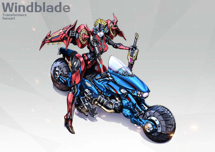 1girl absurdres blue_eyes character_name chinese_commentary grey_background ground_vehicle head_tilt highres holding holding_sword holding_weapon looking_at_viewer mecha mechanical_wings motor_vehicle motorcycle robot science_fiction shadow sword transformers weapon windblade windshield wings zhuyukun