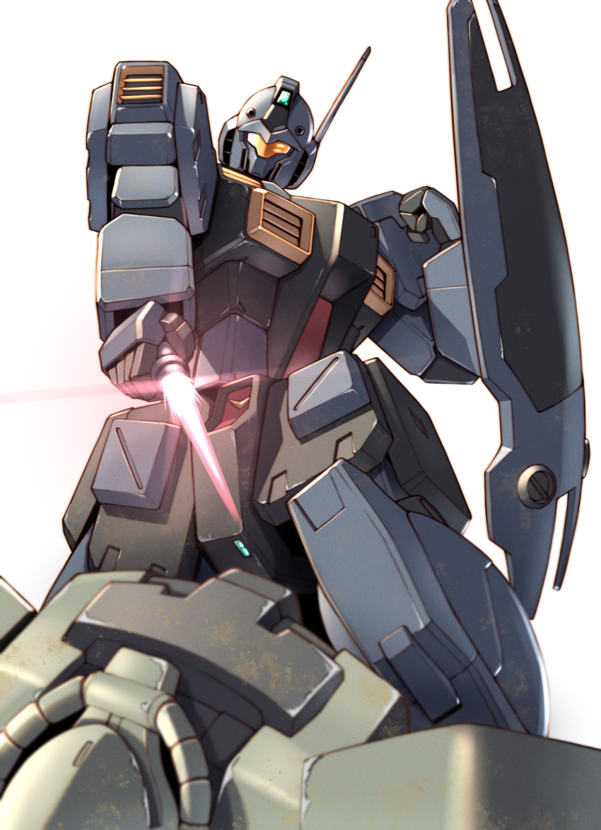 absurdres assault_visor beam_saber clenched_hand gm_quel gundam gundam_0083 highres holding holding_sword holding_weapon mecha mobile_suit no_humans radio_antenna robot science_fiction shield solo_focus sword takahashi_masaki weapon white_background zaku_ii_f2