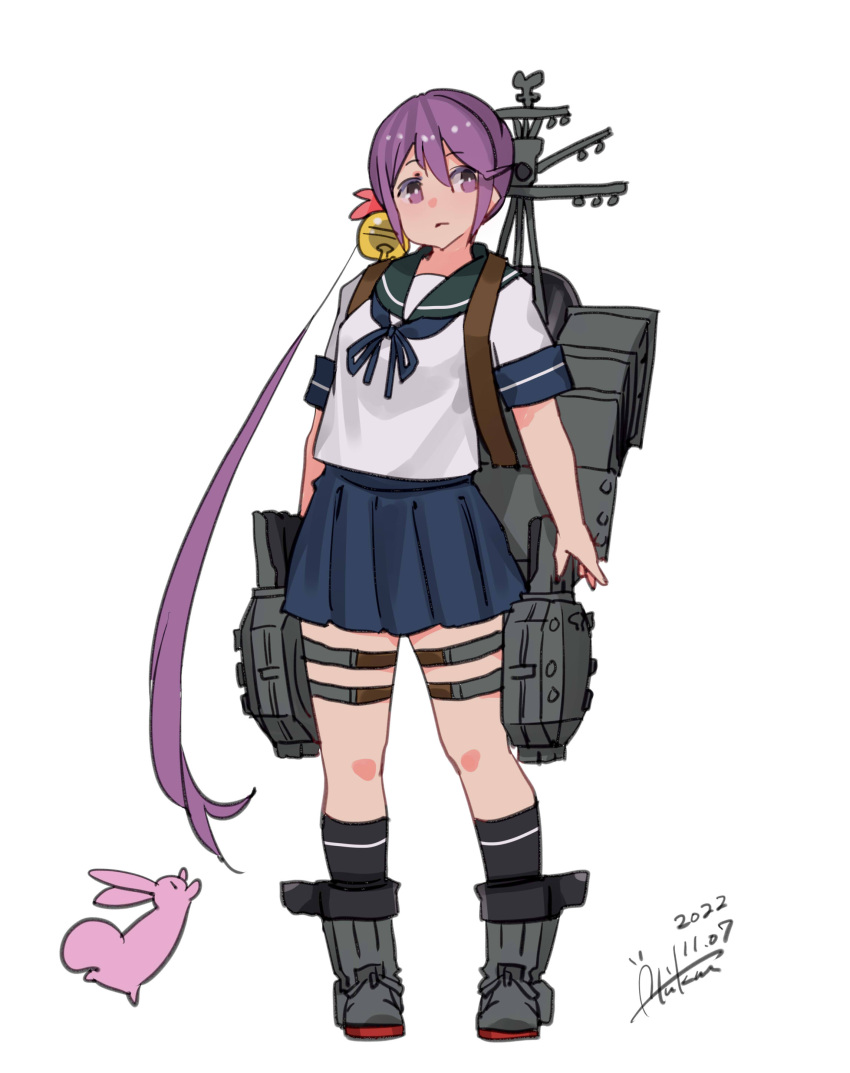 1girl absurdres akebono_(kancolle) animal bangs bell black_socks blue_ribbon blue_skirt breasts closed_mouth commentary_request dated flower full_body green_sailor_collar grey_footwear hair_bell hair_between_eyes hair_flower hair_ornament highres inica jingle_bell kantai_collection long_hair looking_at_viewer machinery neck_ribbon pleated_skirt purple_hair rabbit ribbon sailor_collar school_uniform serafuku shirt short_sleeves side_ponytail signature skirt small_breasts socks solo standing very_long_hair violet_eyes white_shirt