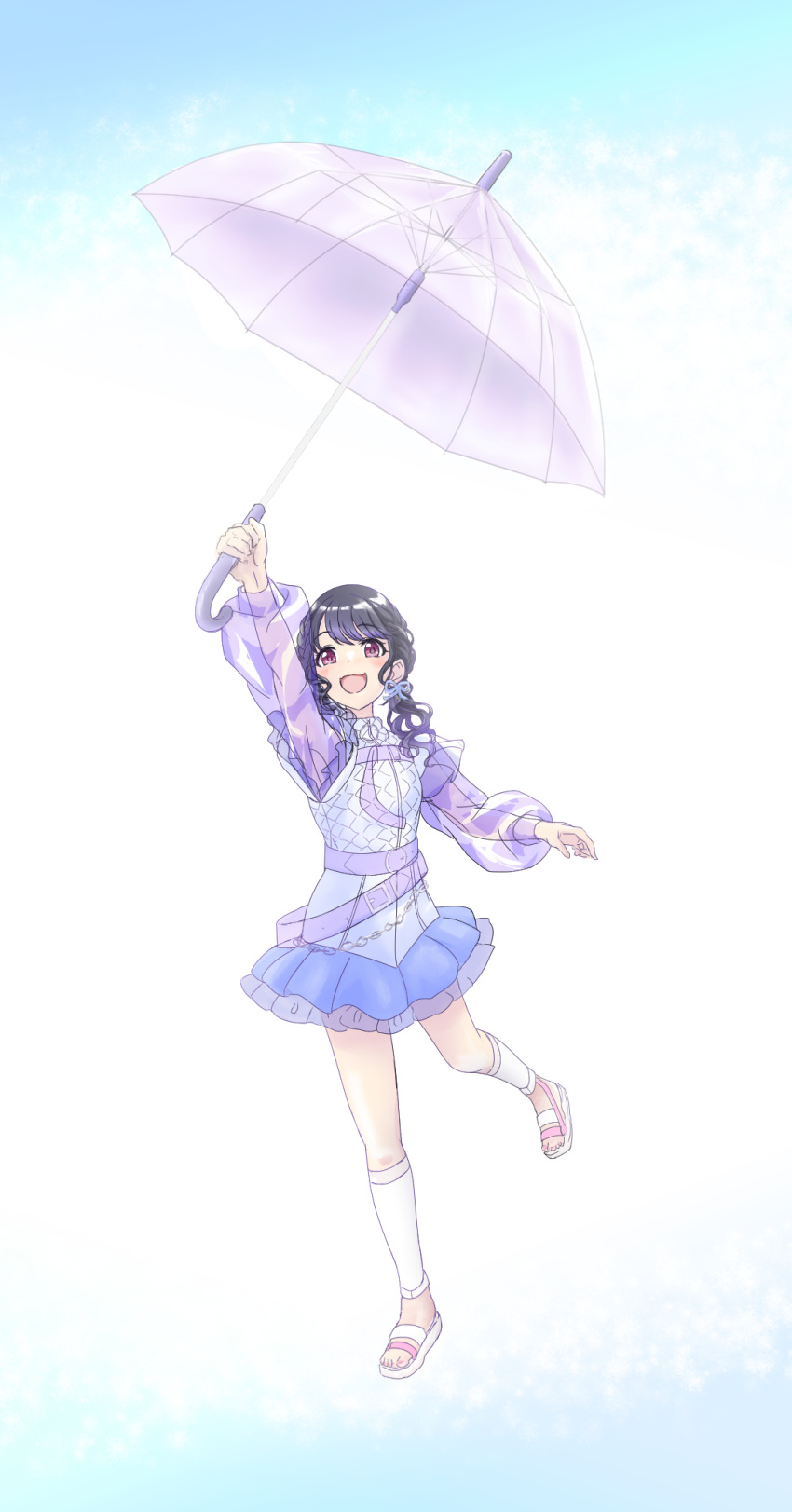 1girl artist_request bangs belt black_hair commentary_request fangs fukumaru_koito full_body highres idolmaster idolmaster_shiny_colors long_hair long_sleeves low_twintails miniskirt open_mouth puffy_sleeves sandals see-through see-through_sleeves skin_fangs skirt solo swept_bangs transparent transparent_umbrella twintails umbrella violet_eyes