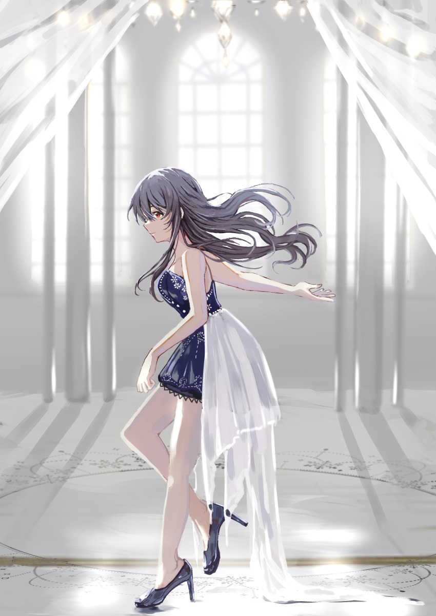 1girl absurdres arm_behind_back bangs black_hair blue_dress commentary dress from_side full_body hair_down high_heels highres idolmaster idolmaster_million_live! light_smile long_hair mek_number outstretched_arm photoshop_(medium) profile red_eyes solo standing takayama_sayoko white_background window