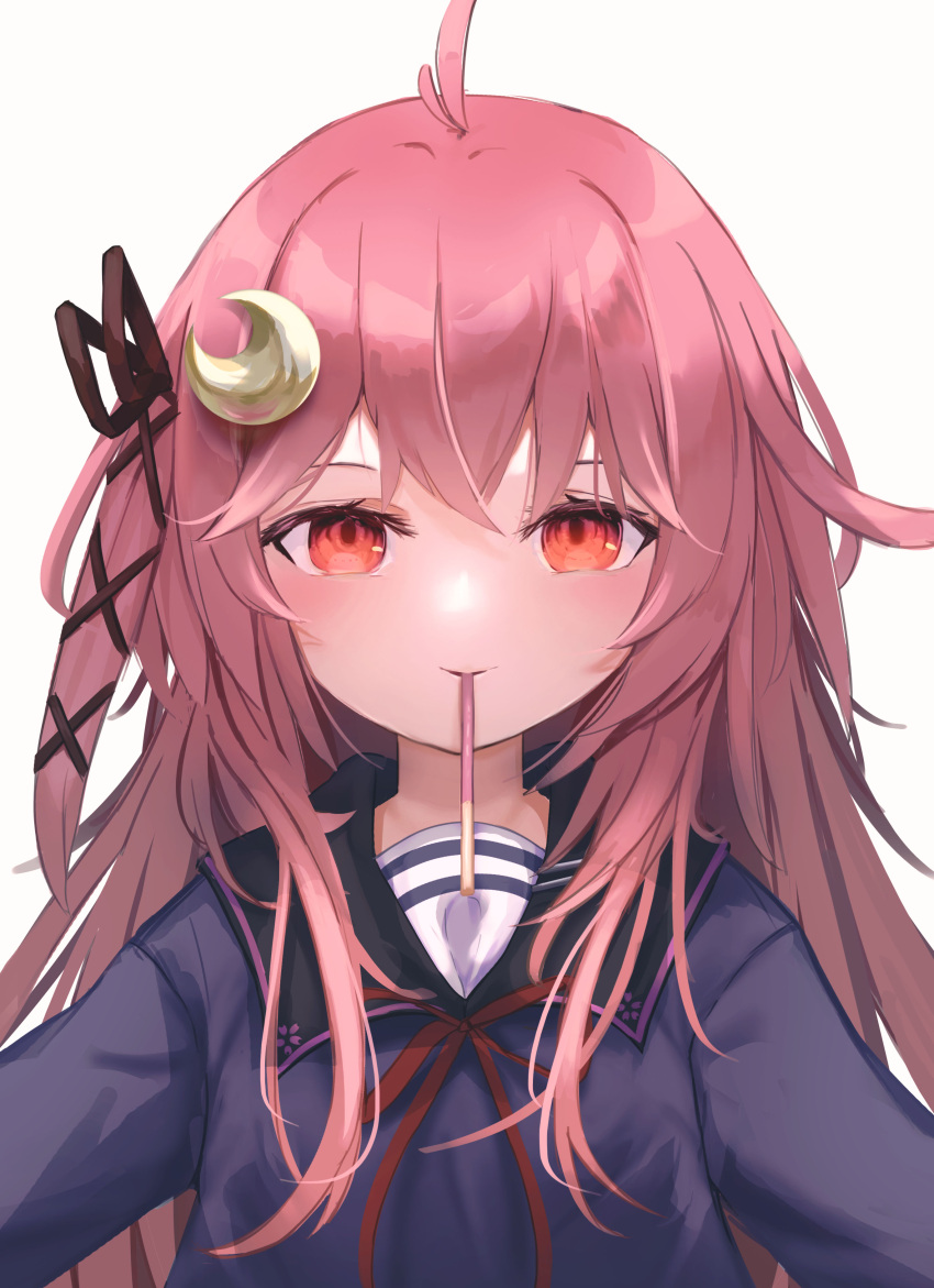 1girl absurdres ahoge blue_serafuku blush crescent crescent_hair_ornament food hair_ornament highres kantai_collection logiclr long_hair long_sleeves looking_at_viewer mouth_hold pink_hair pocky pocky_day pocky_kiss red_eyes school_uniform serafuku simple_background solo upper_body uzuki_(kancolle) white_background