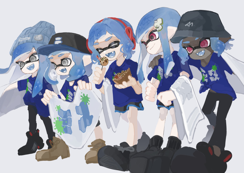 5girls :d ^_^ banner baseball_cap beanie black_footwear black_headwear black_shorts blue_hair blue_headwear blue_shirt blue_tongue brown_footwear closed_eyes colored_tongue dark-skinned_female dark_skin fangs food grey_eyes grey_pupils hair_ornament hairclip hand_on_another's_shoulder hat headphones highres inkling inkling_girl long_hair multiple_girls open_mouth pink_eyes shirt shoes short_hair short_sleeves shorts simple_background smile splatoon_(series) splatoon_3 standing suction_cups t-shirt takoyaki tentacle_hair white_background yuu_(inonj)