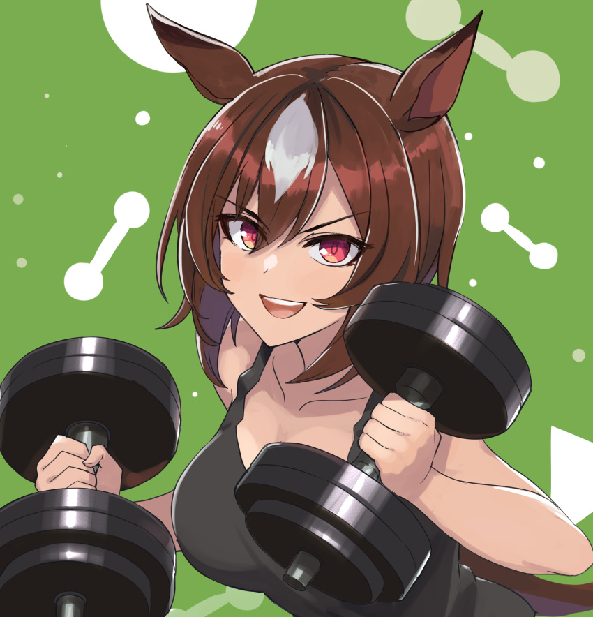1girl alternate_costume animal_ears bare_shoulders black_shirt brown_hair casual collarbone commentary_request dumbbell highres horse_ears horse_girl horse_tail kusanagi_kaoru looking_at_viewer multicolored_hair open_mouth red_eyes shirt short_hair sirius_symboli_(umamusume) sleeveless smile solo tail tank_top two-tone_hair umamusume upper_body white_hair