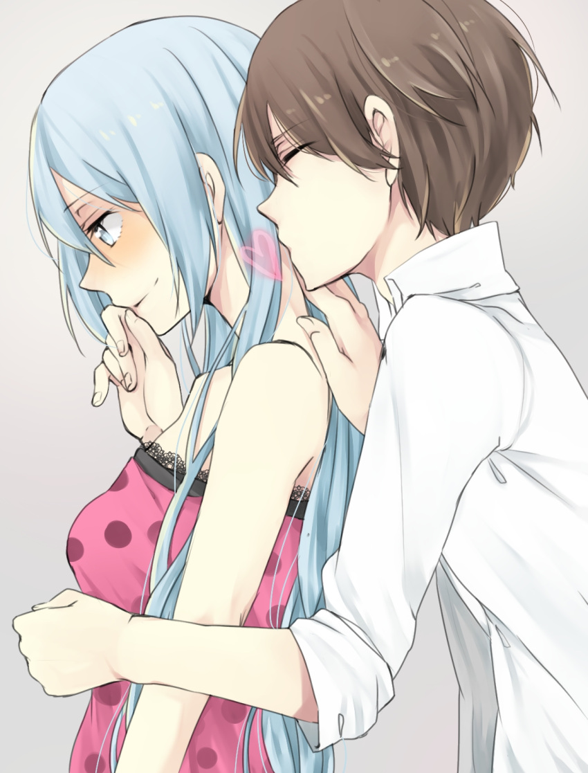 1boy 1girl akatsuki_kouya aqua_eyes aqua_hair blush brown_hair camisole closed_eyes couple embarrassed frilled_camisole frills from_side hair_down half-closed_eyes hatsune_miku heart hetero highres kiss kiss_from_behind kissing_neck lace-trimmed_camisole lace_trim long_hair looking_down messy_hair open_clothes open_shirt pink_camisole polka_dot_camisole profile romeo_to_cinderella_(vocaloid) shirt smile unbuttoned unbuttoned_shirt very_long_hair vocaloid white_shirt