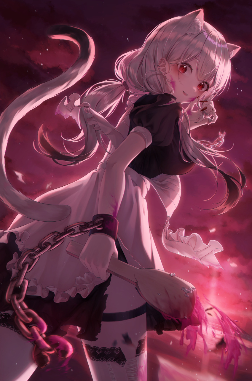 1girl :d absurdres animal_ears apron black_dress breasts broken broken_chain cat_ears cat_girl cat_tail chain cuffs cuts dress fingernails highres injury long_hair looking_at_viewer low_twintails maid maid_apron medium_breasts original puffy_short_sleeves puffy_sleeves red_eyes red_nails shackles shamoji sharp_fingernails short_sleeves smile soo_ou tail thigh-highs torn_clothes torn_legwear twintails white_hair