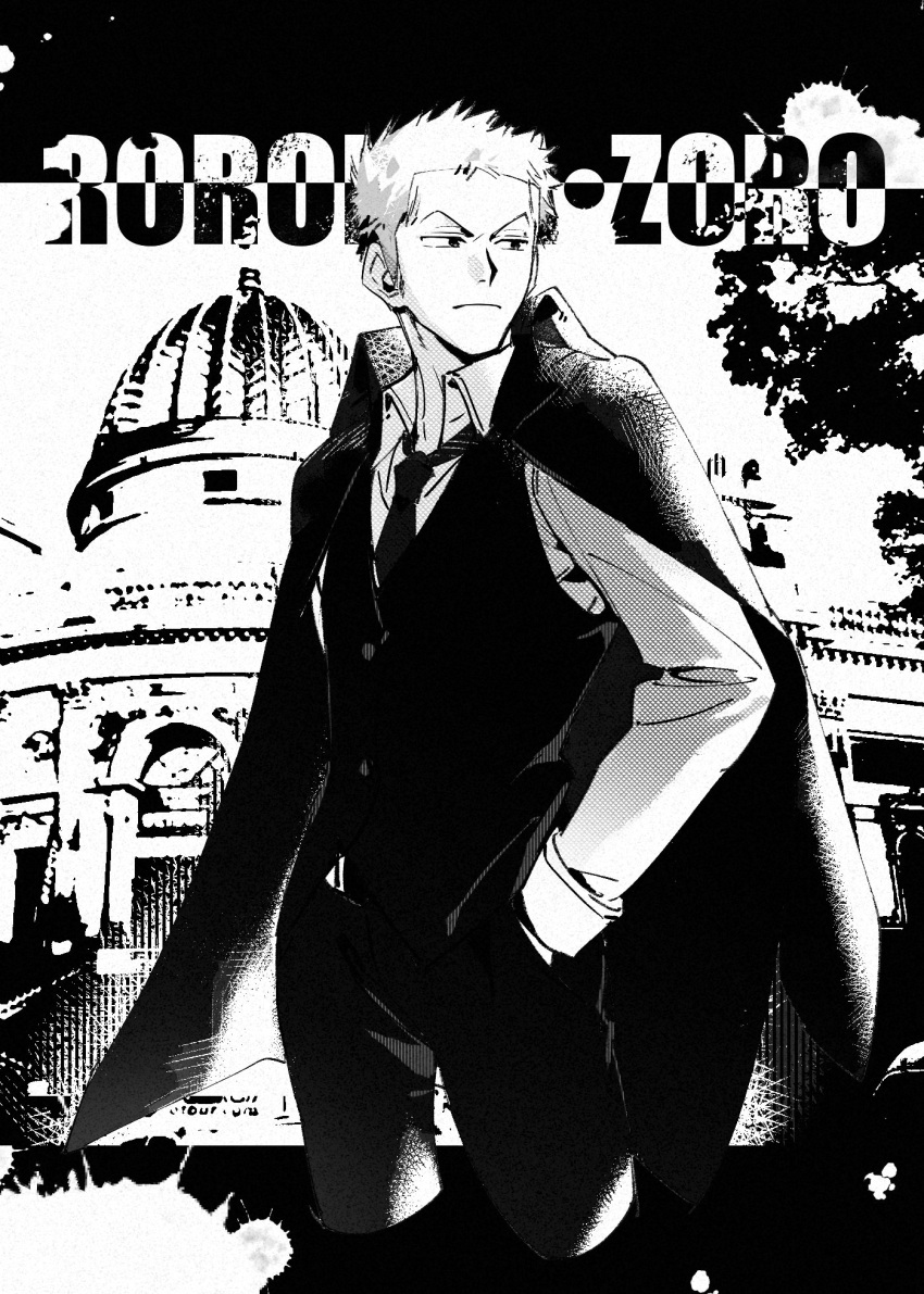 1boy alternate_costume coat coat_on_shoulders cropped_legs formal fuchio greyscale hands_in_pockets highres long_sideburns looking_to_the_side male_focus monochrome necktie one_piece roronoa_zoro short_hair sideburns solo vest