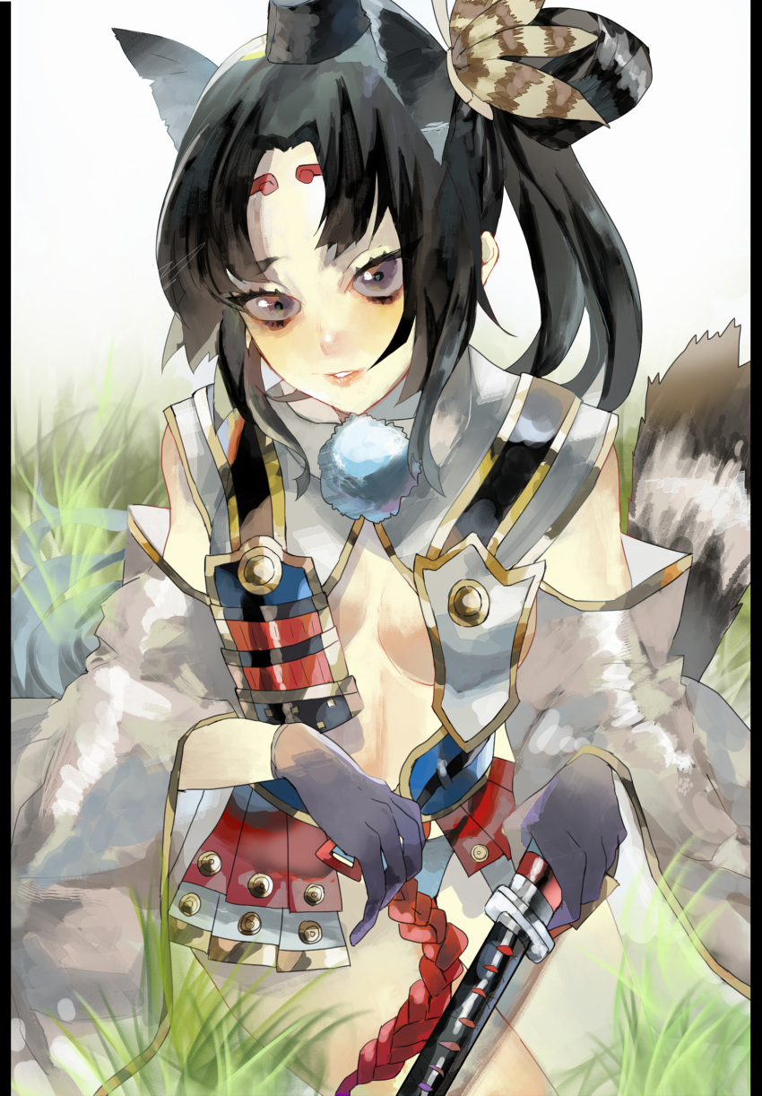1girl armor bangs black_gloves black_hair blue_eyes blush breast_curtains breasts commentary_request day detached_sleeves fate/grand_order fate_(series) feathers gloves grass hair_ornament hat highres holding holding_sheath holding_sword holding_weapon japanese_armor katana long_hair looking_at_viewer medium_breasts outdoors parted_bangs parted_lips revealing_clothes sheath side_ponytail smile solo sword tate_eboshi user_jxgd5785 ushiwakamaru_(fate) very_long_hair weapon white_sleeves