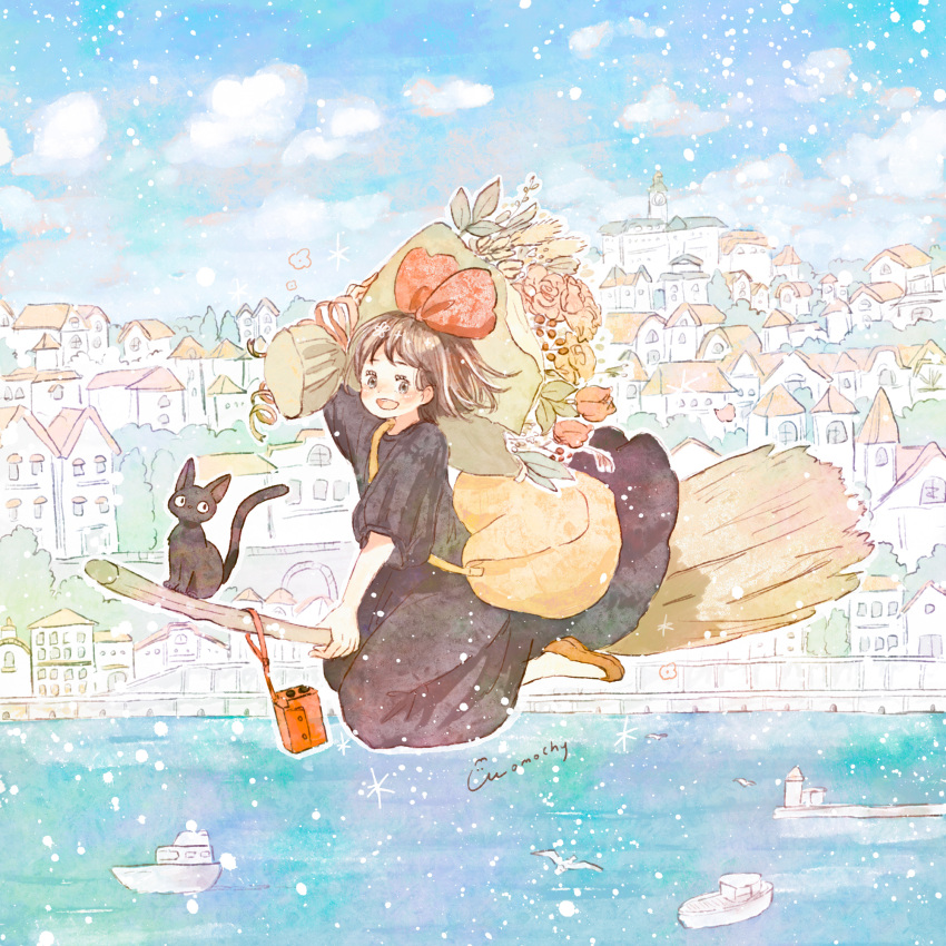 1girl animal black_cat black_dress blue_sky boat bouquet bow broom broom_riding brown_eyes brown_hair building carrying_bag cat cityscape clouds day dress floating_hair flower flying hair_bow highres kiki_(majo_no_takkyuubin) landscape leaf light_particles looking_at_viewer majo_no_takkyuubin momochy ocean open_mouth pastel_colors pink_flower pink_rose pink_tulip plant red_bow red_flower red_rose rose ship short_hair sky studio_ghibli town tree tulip water watercraft yellow_bag