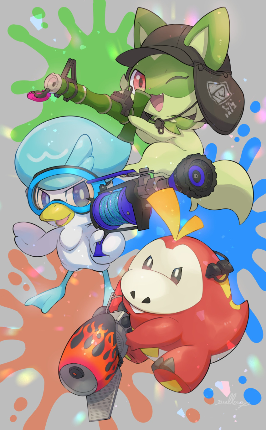 ;d absurdres animal_focus artist_name bamboozler_14_(splatoon) baseball_cap black_headwear blue_eyes brown_eyes commentary earpiece fang fuecoco goggles grey_background gun h-3_nozzlenose_(splatoon) hat highres holding holding_gun holding_weapon looking_at_viewer no_humans nullma one_eye_closed open_mouth paint paint_splatter pokemon pokemon_(creature) quaxly range_blaster_(splatoon) red_eyes signature smile splatoon_(series) sprigatito starter_pokemon_trio v-shaped_eyes weapon