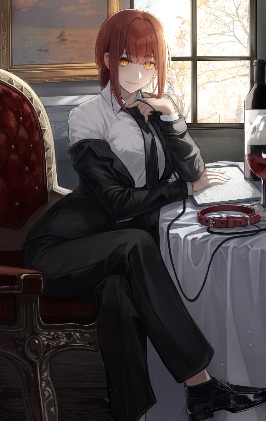 1girl absurdres alcohol animal_collar black_footwear black_necktie black_pants bottle braid braided_ponytail branch chainsaw_man chair cloth collar collared_shirt crossed_legs cup drinking_glass formal highres holding holding_leash leash long_sleeves looking_at_viewer makima_(chainsaw_man) nao_(okt8538) necktie oxfords painting_(object) pants redhead restaurant shirt sitting smile solo suit suit_jacket table window wine wine_bottle wine_glass yellow_eyes