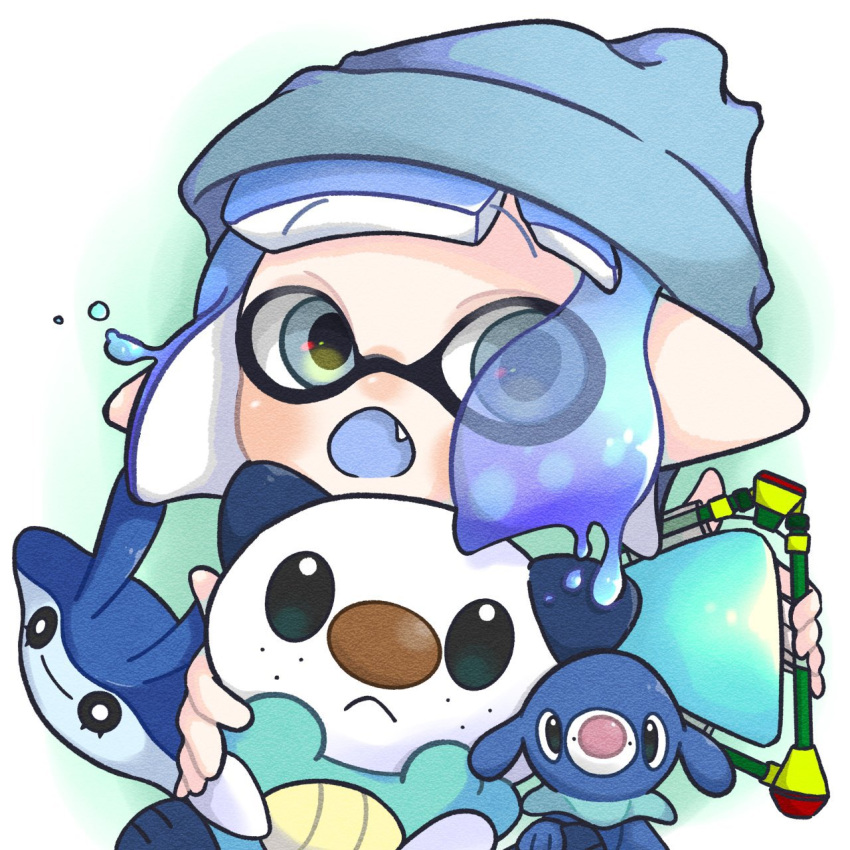 1girl beanie blue_eyes blue_hair blue_headwear company_connection crossover eyes_visible_through_hair fang hat highres inkling inkling_girl mantyke nekoze_(spl_nekoze) nintendo open_mouth oshawott pointy_ears pokemon pokemon_(creature) popplio short_hair splat_bomb_(splatoon) splatoon_(series) splatoon_3 tentacle_hair