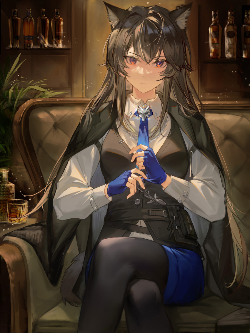1girl absurdres alcohol animal_ear_fluff animal_ears arknights black_hair black_pantyhose black_vest blue_gloves blue_necktie blue_skirt bottle closed_mouth collared_shirt couch crossed_legs cup drinking_glass ergouzi_echo formal gloves highres indoors long_hair long_sleeves looking_at_viewer necktie pantyhose red_eyes shirt sitting skirt solo tail texas_(arknights) texas_the_omertosa_(arknights) vest whiskey white_shirt wine_bottle wine_glass wolf_ears wolf_girl wolf_tail