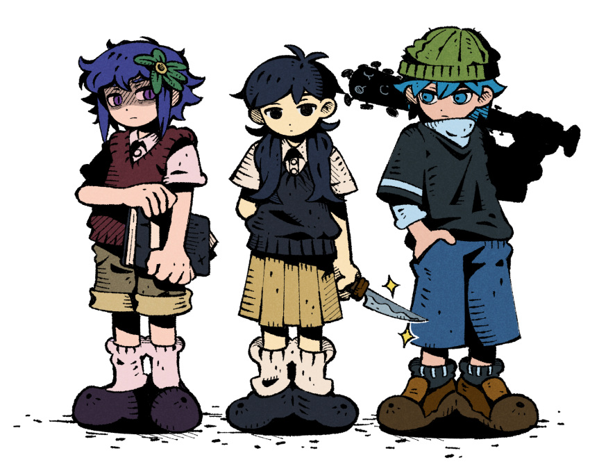 1girl 2boys 9twoeight aubrey_(omori) basil_(omori) black_eyes black_hair blue_eyes blue_hair book full_body genderswap genderswap_(ftm) genderswap_(mtf) highres knife looking_at_another messy_hair multiple_boys omori prototype purple_hair shaded_face shoes short_sleeves shorts simple_background skirt sneakers socks spiked_bat sunny_(omori) sweater_vest twintails violet_eyes white_background